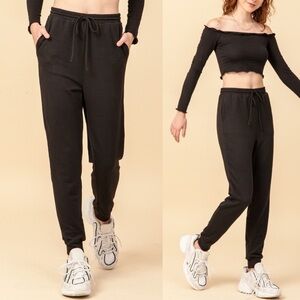 Black High Waist Drawstring Joggers Lounge Athleisure Pants